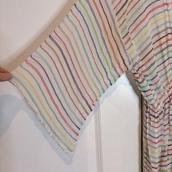 Calypso St. Barth White Multi Color Stripe Silk Tie Front Beaded Swim Cover - Picture 3 of 7